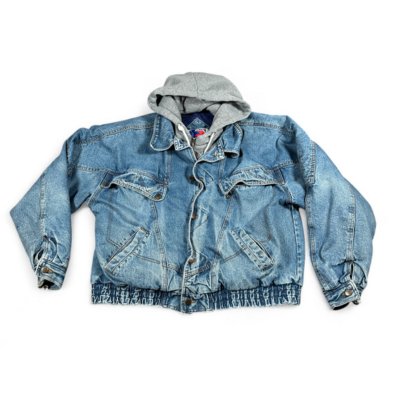 Vintage Jean Jacket Adult LARGE Blue Denim Quilted Hooded Blanket Lined 90s - Picture 1 of 12